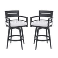 Anthony & Home Ember black aluminum swivel bar chairs with Sunbrella cushions, featuring modern design and comfortable seating.