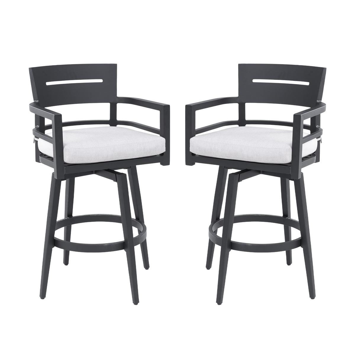 Anthony & Home Ember black aluminum swivel bar chairs with Sunbrella cushions, featuring modern design and comfortable seating.