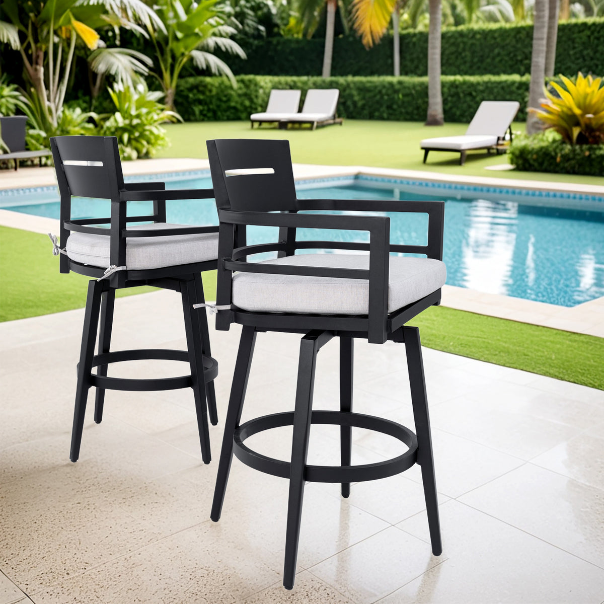 Black aluminum Sunbrella cushions on Anthony & Home swivel bar chairs, showcasing comfortable outdoor seating with stylish design.
