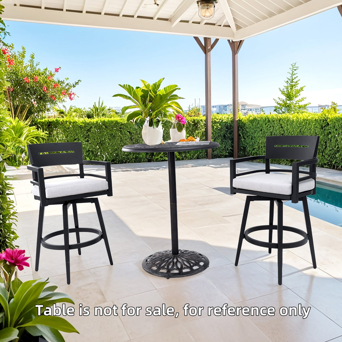 Black aluminum Sunbrella cushions on Anthony & Home swivel bar chairs with a stylish outdoor design.