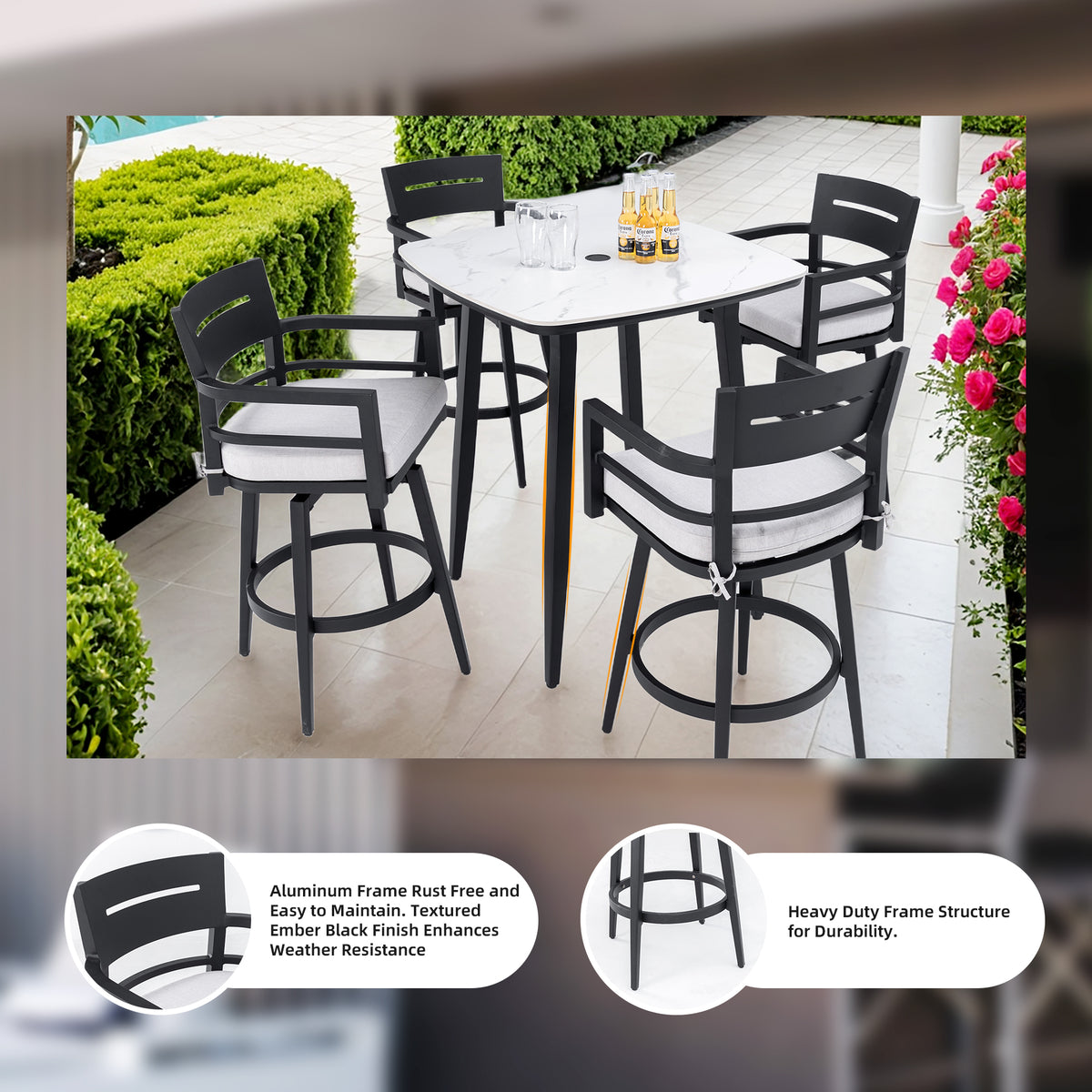 Black aluminum swivel bar chairs with Sunbrella cushions by Anthony & Home, featuring comfortable seating and modern design.