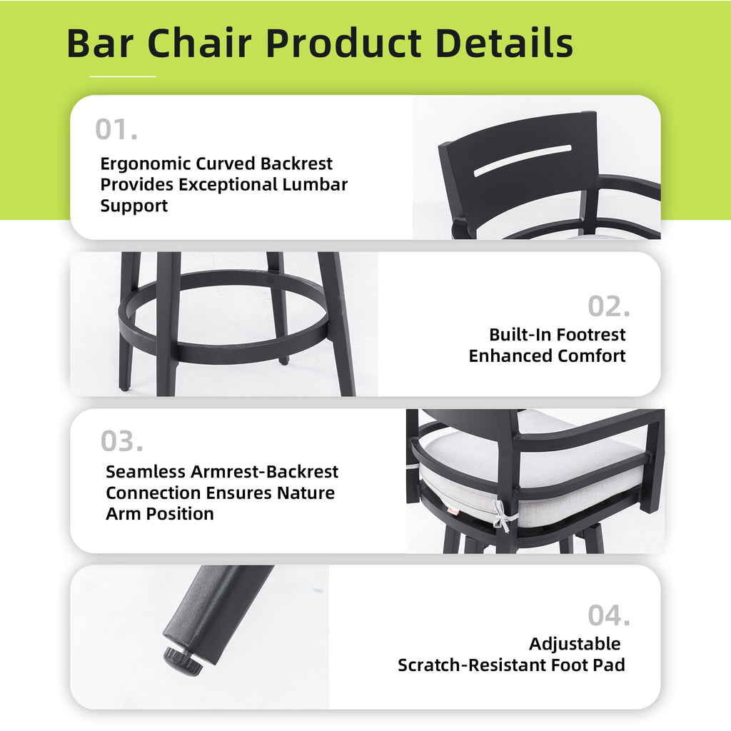 Pair of Anthony & Home swivel bar chairs with black aluminum frames and Sunbrella cushions, ideal for outdoor patio seating.