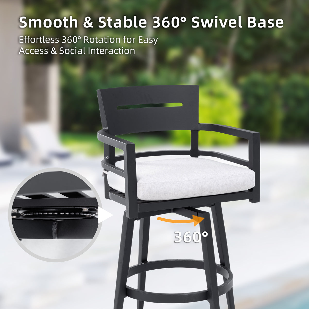 Ember black aluminum swivel bar chairs with Sunbrella cushions by Anthony & Home, showing the chairs with cushions and modern design.