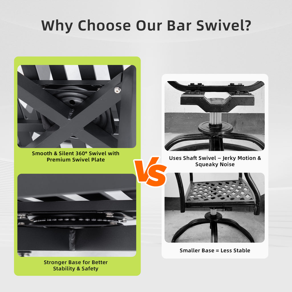 Black aluminum Sunbrella cushions on Anthony & Home swivel bar chairs, showcasing comfortable, stylish outdoor seating.