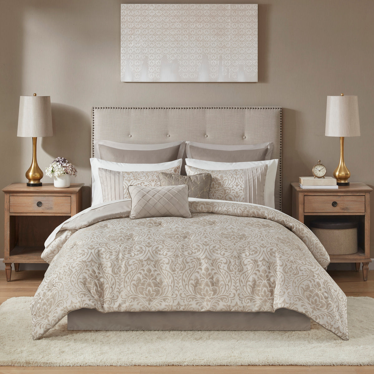 Emilia Collection Jacquard Damask Khaki King Comforter Set by Anthony & Home, featuring intricate damask patterns and plush bedding.