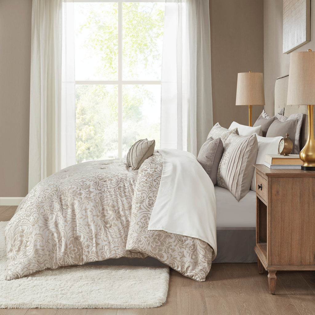 Khaki Emilia Collection Jacquard Damask King Comforter Set by Anthony & Home, featuring intricate damask patterns and plush fabric.