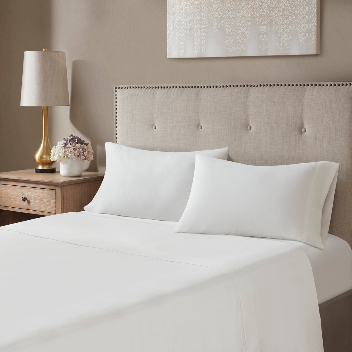 Anthony & Home Emilia Collection king-sized Jacquard Damask comforter set in khaki, showcasing elegant woven damask pattern.