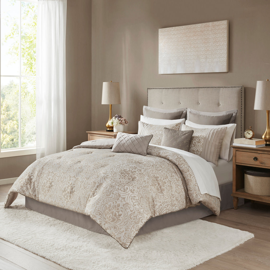 Emilia Jacquard Comforter Set in khaki with gold thread, queen size, by Anthony & Home, featuring intricate woven pattern.