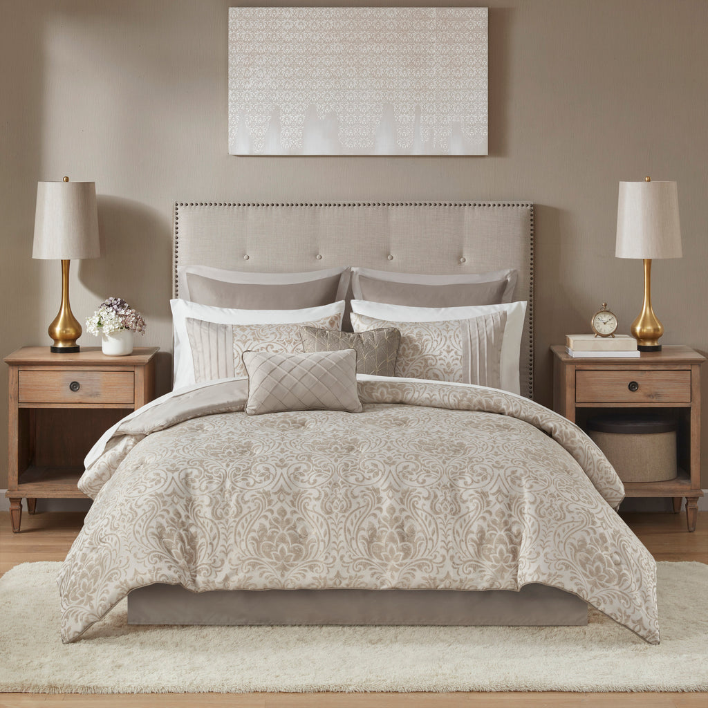 Anthony & Home Emilia Jacquard comforter set in khaki with gold thread, queen size, featuring intricate pattern and luxurious fabric.