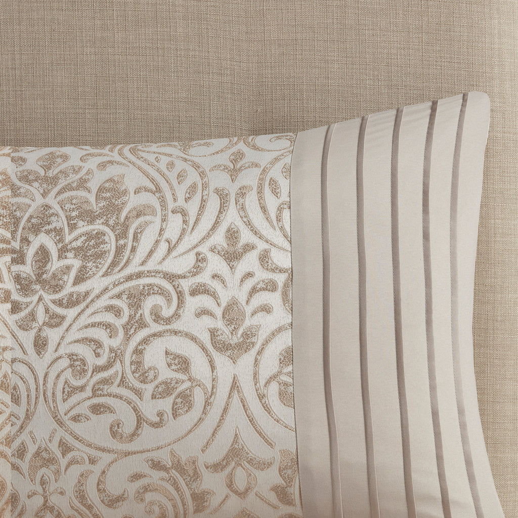 Emilia Jacquard Comforter Set in khaki with gold thread, queen size, by Anthony & Home, featuring elegant woven pattern.