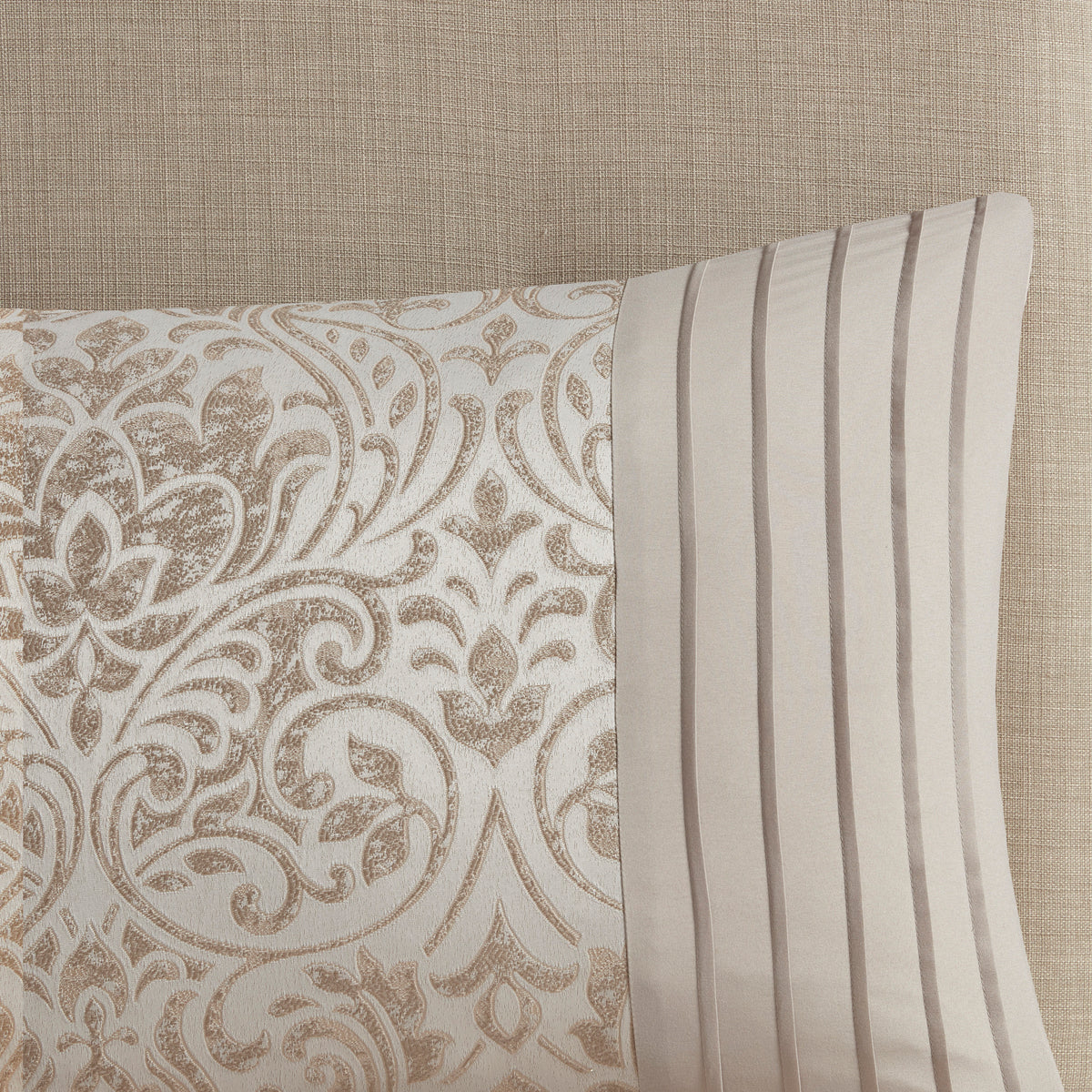 Emilia Jacquard Comforter Set in khaki with gold thread, queen size, by Anthony & Home, featuring elegant woven pattern.