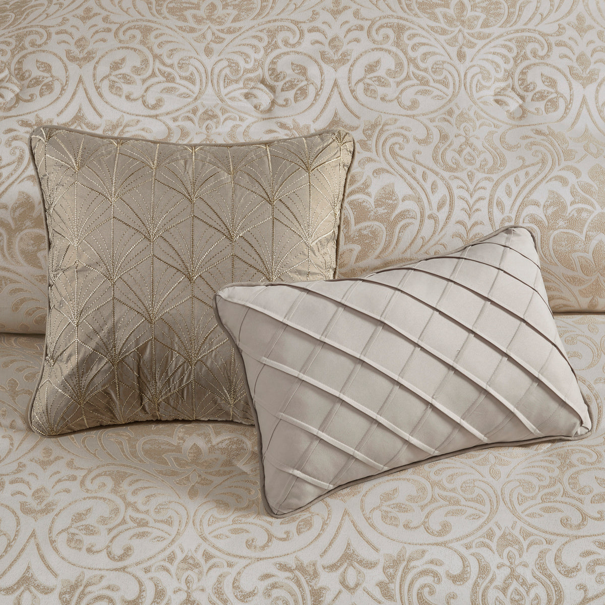 Emilia Jacquard Comforter Set in khaki with gold thread, queen size by Anthony & Home, featuring elegant textured fabric.