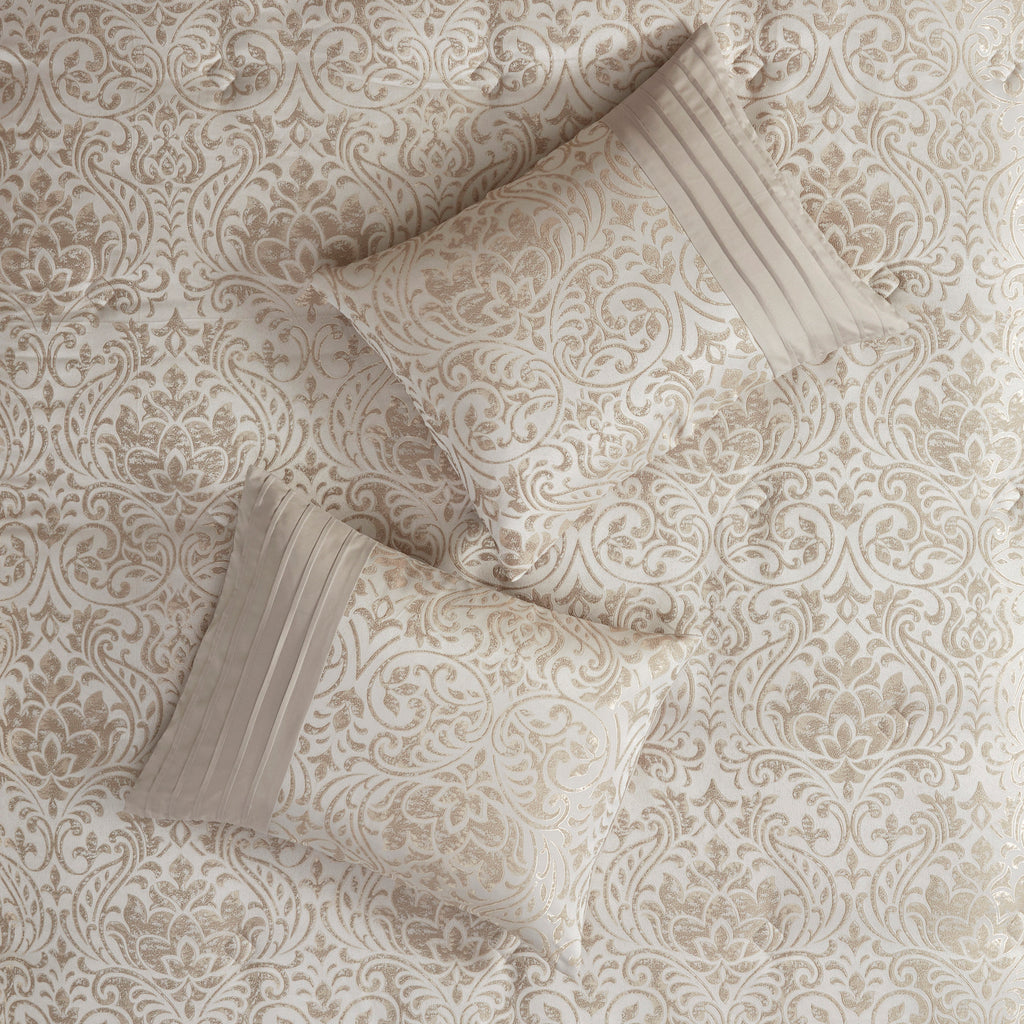 Emilia Jacquard comforter set in khaki with gold thread, queen size, by Anthony & Home, showcasing intricate woven pattern and luxurious fabric.