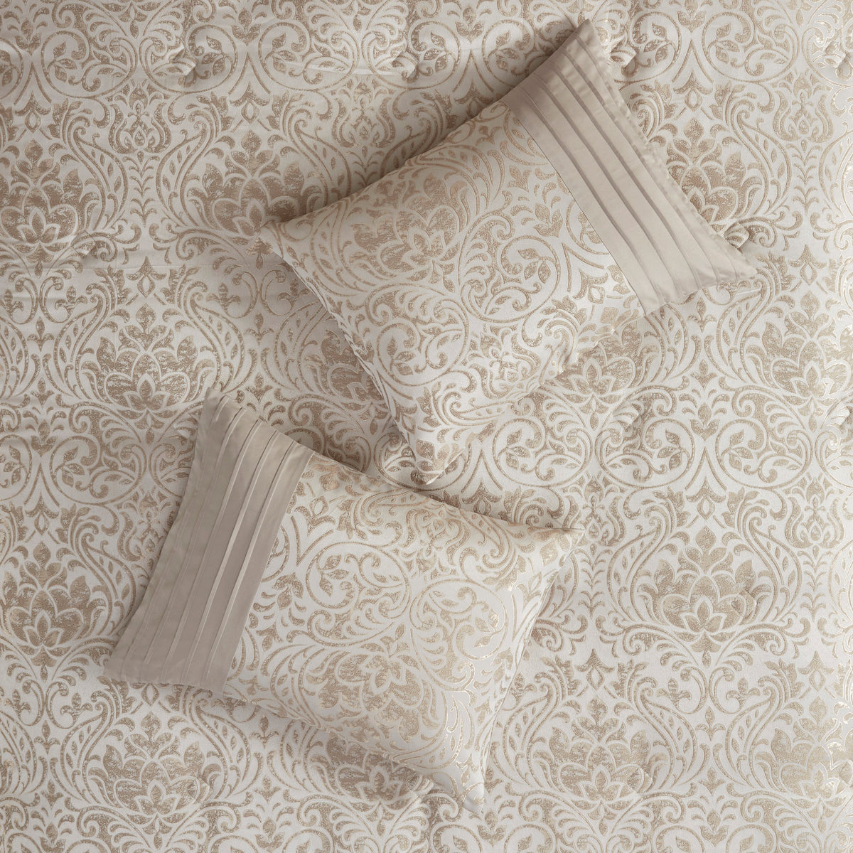 Emilia Jacquard comforter set in khaki with gold thread, queen size, by Anthony & Home, showcasing intricate woven pattern and luxurious fabric.