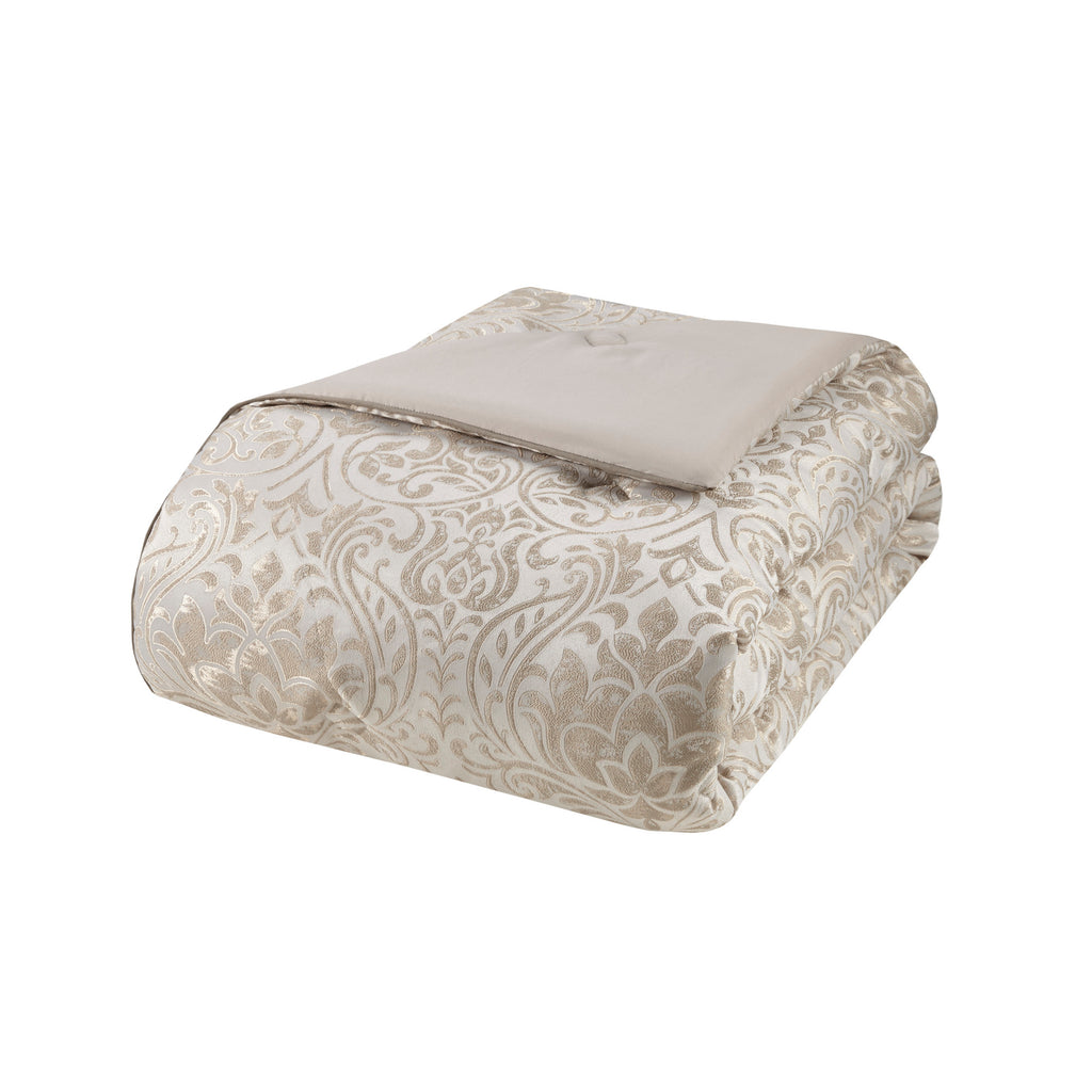 Queen Emilia Jacquard Comforter Set in khaki with gold thread from Anthony & Home, featuring intricate woven patterns and luxurious fabric.