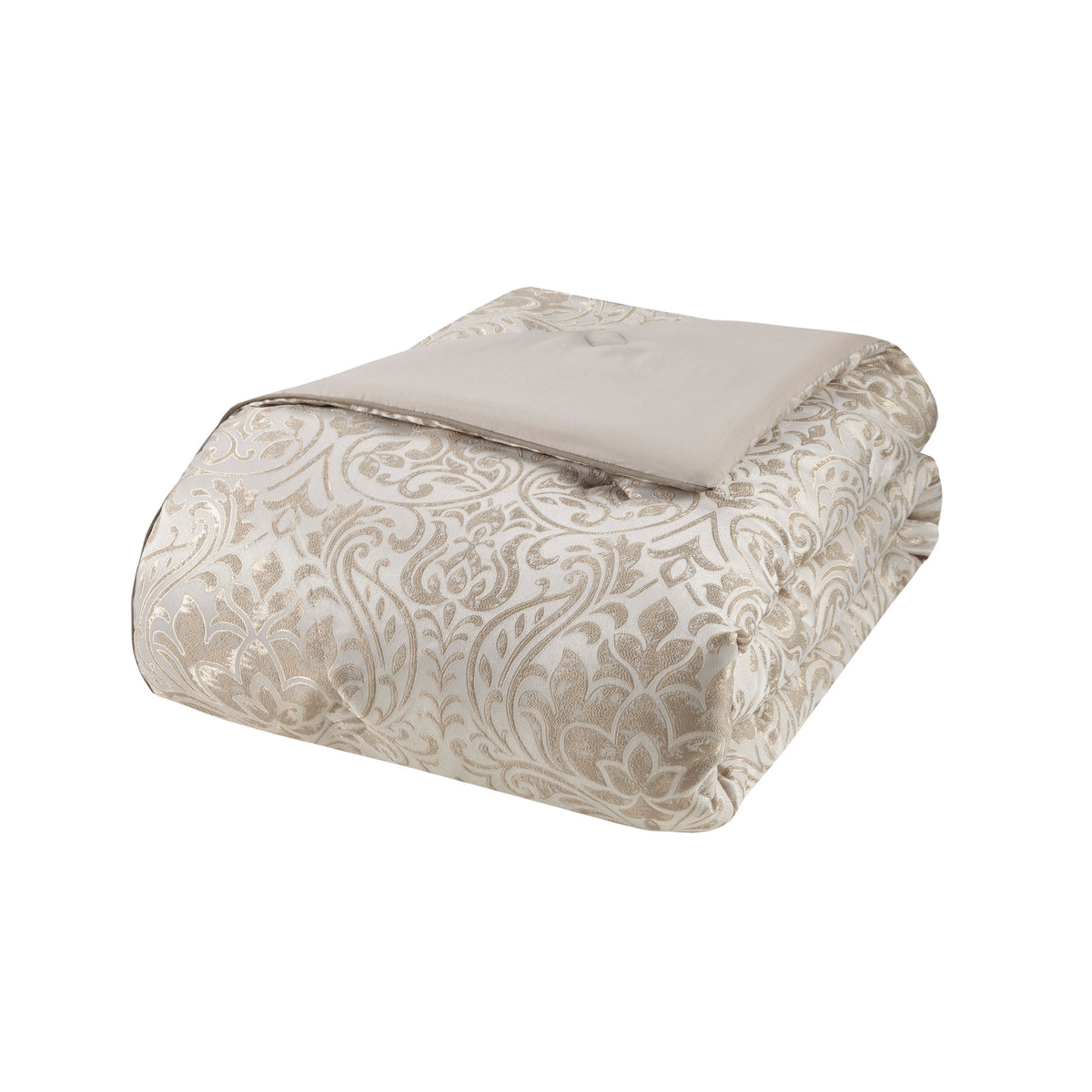 Queen Emilia Jacquard Comforter Set in khaki with gold thread from Anthony & Home, featuring intricate woven patterns and luxurious fabric.