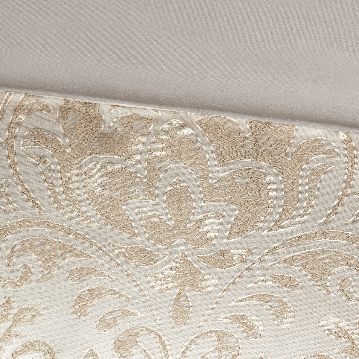 Emilia Jacquard comforter set in khaki with gold thread, queen size, from Anthony & Home, showcasing intricate woven pattern and luxurious fabric.