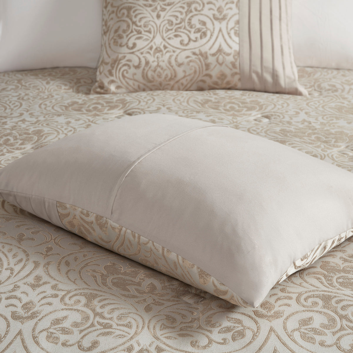 Emilia Jacquard Comforter Set in khaki with gold thread, Queen size, by Anthony & Home, showing intricate woven pattern and luxurious fabric.