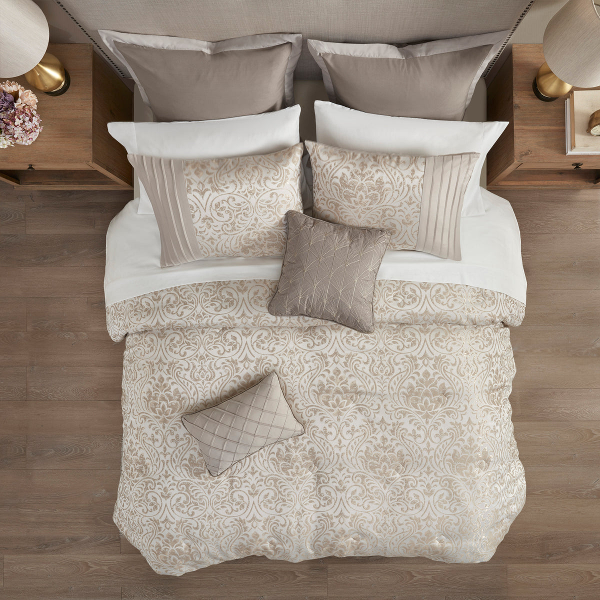 Emilia Jacquard queen comforter set in khaki with gold thread from Anthony & Home, featuring intricate woven pattern and luxurious fabric.
