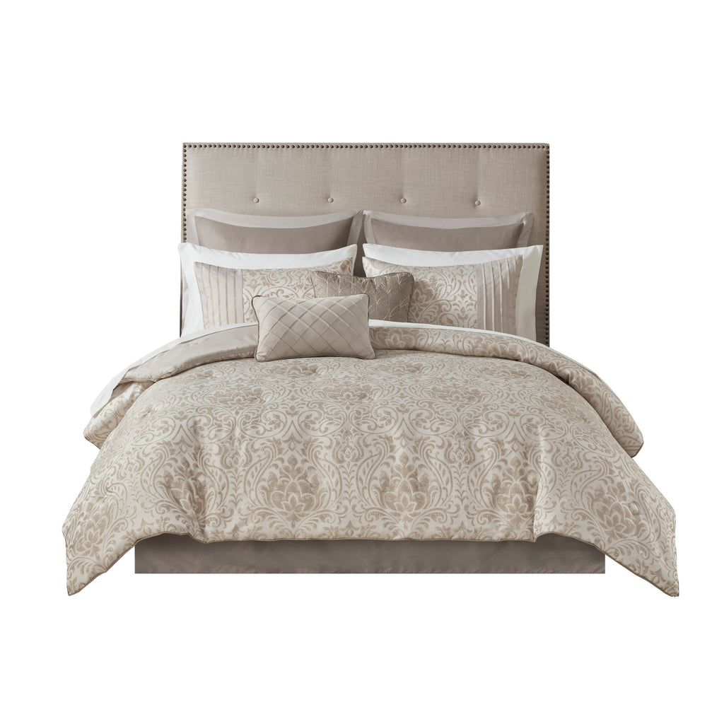 Emilia Jacquard comforter set in khaki with gold thread, Queen size, by Anthony & Home, featuring intricate woven pattern and luxurious texture.