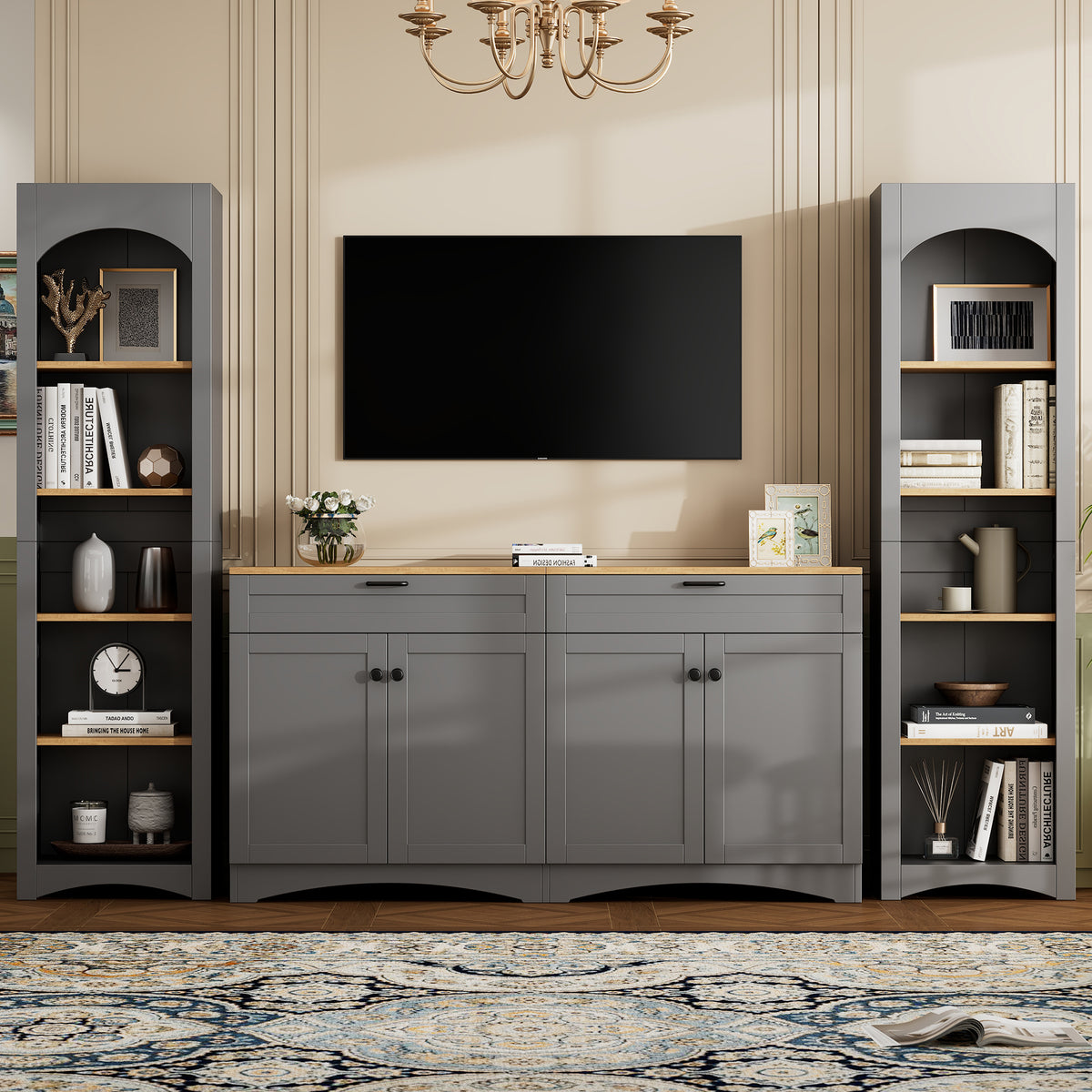 Grey veneer entertainment console with adjustable shelves, sleek Anthony & Home TV stand for modern living rooms.