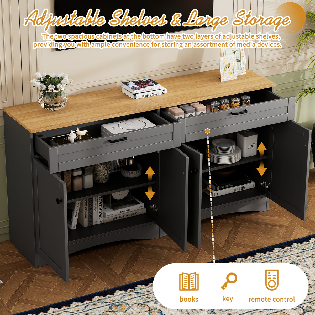 Grey veneer entertainment console with adjustable shelves by Anthony & Home, showcasing sleek modern design and storage space.