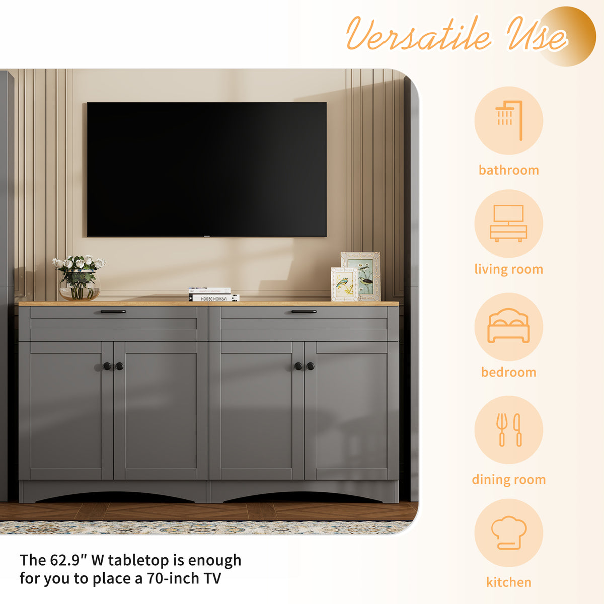 Grey veneer entertainment console with adjustable shelves by Anthony & Home, showcasing a modern design and storage options.
