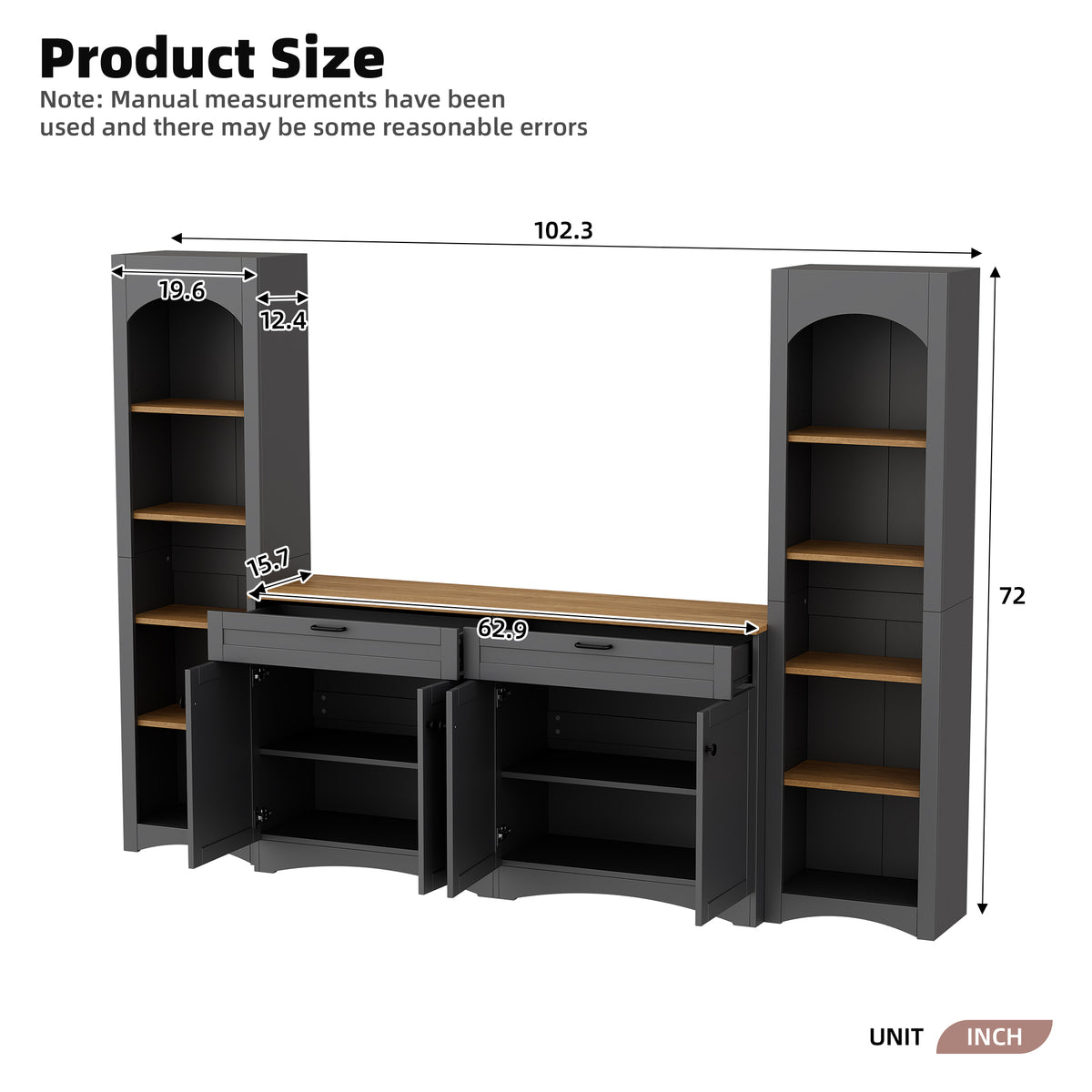 Grey veneer entertainment console with adjustable shelves, designed by Anthony & Home for modern living rooms.