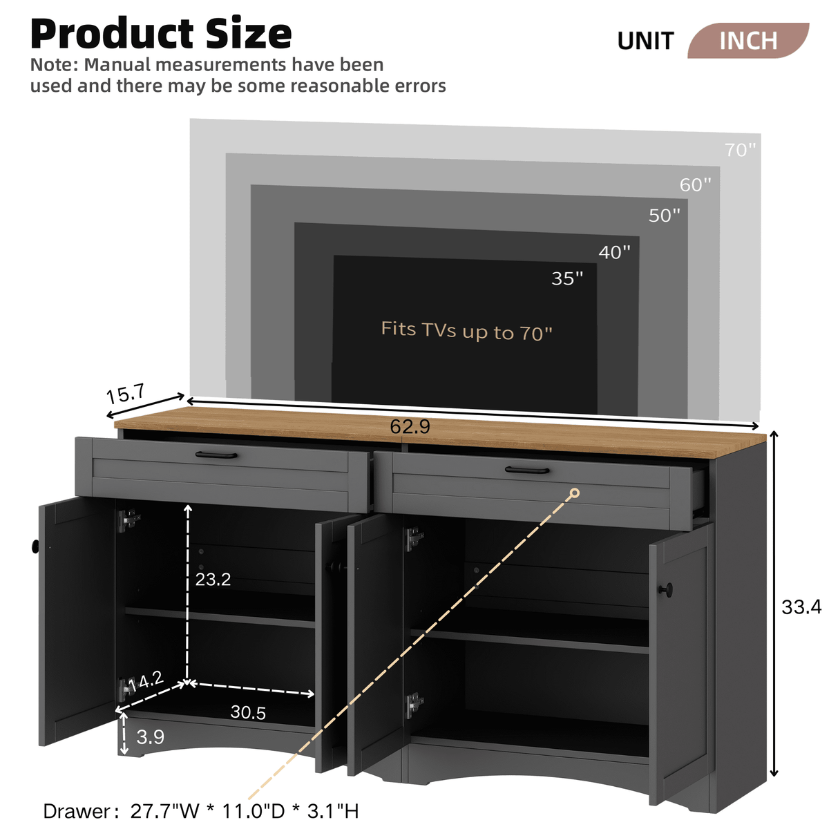 Grey veneer entertainment console with adjustable shelves from Anthony & Home, showcasing a modern design and sleek finish.