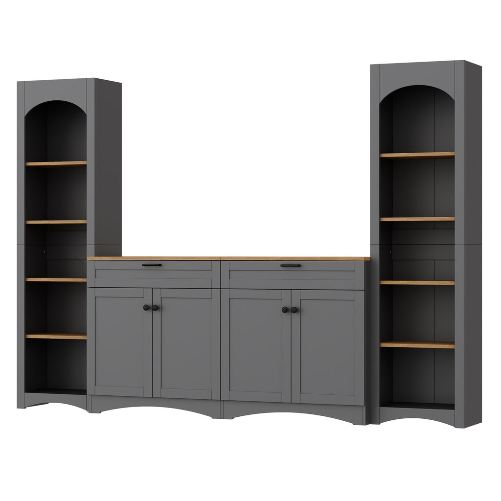 Grey veneer entertainment console with adjustable shelves by Anthony & Home, showcasing a modern design with open storage space.