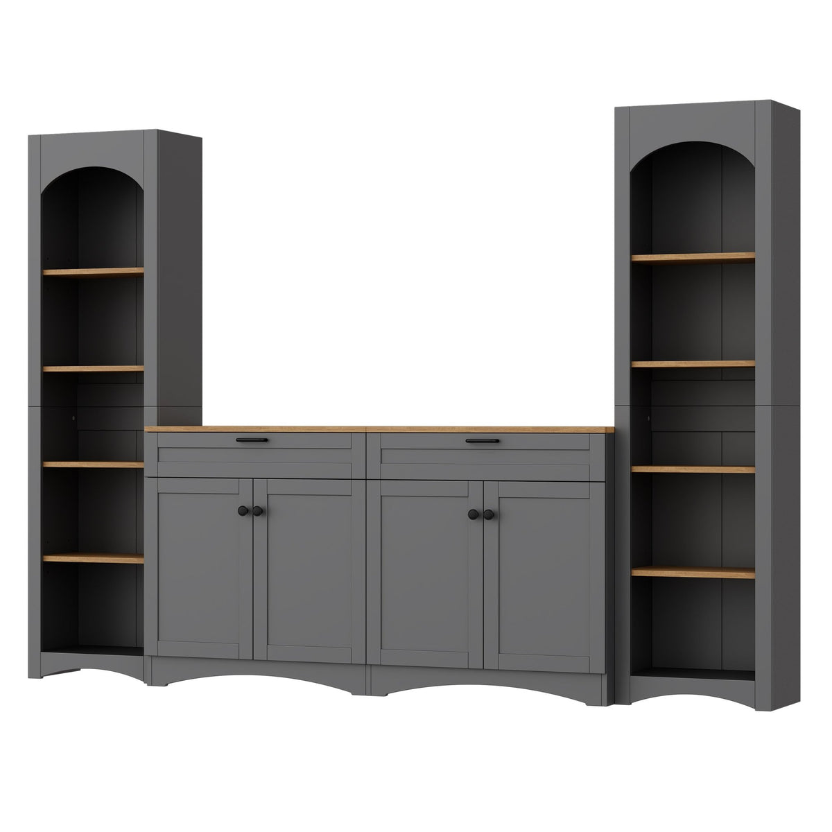 Grey veneer entertainment console with adjustable shelves by Anthony & Home, showcasing a modern design with open storage space.