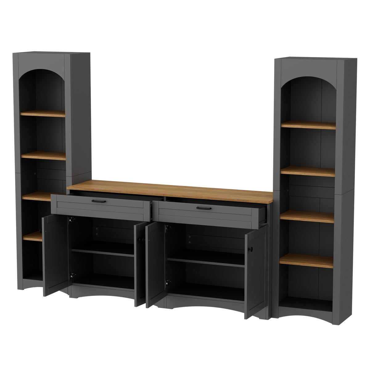 Anthony & Home grey veneer entertainment console with adjustable shelves, modern design for living room storage.
