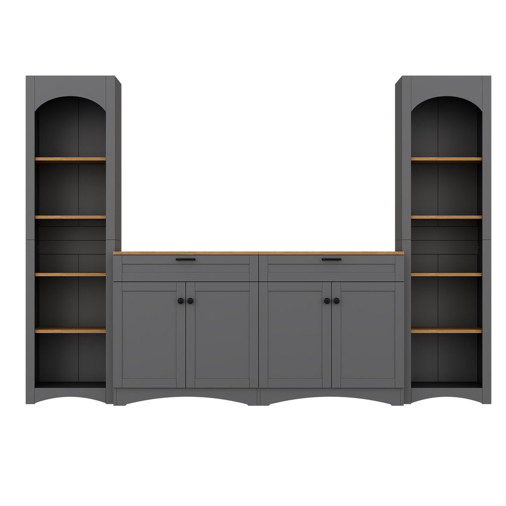Grey veneer entertainment console with adjustable shelves by Anthony & Home, showcasing a sleek modern design and storage space.