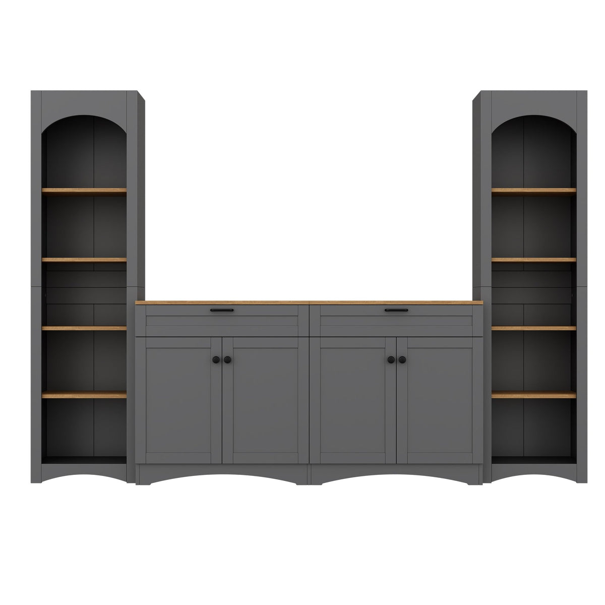 Grey veneer entertainment console with adjustable shelves by Anthony & Home, showcasing a sleek modern design and storage space.