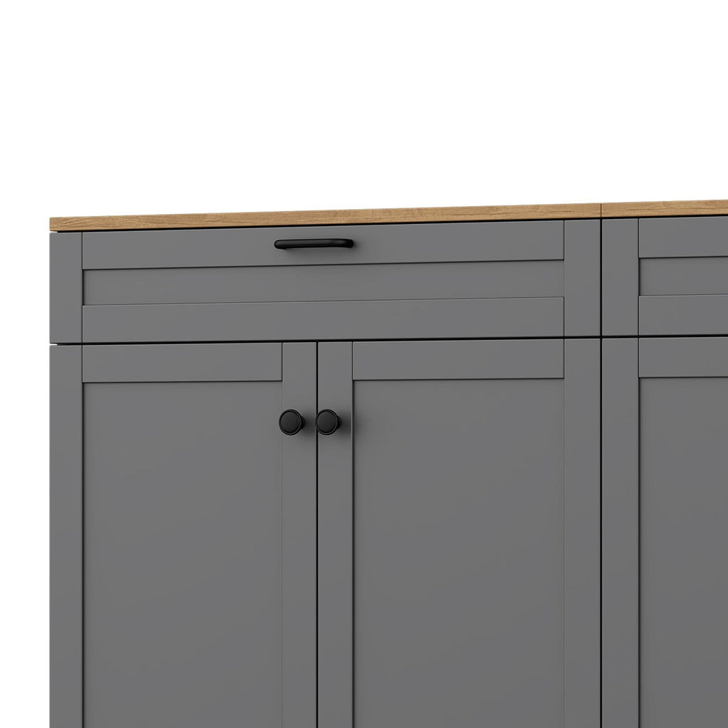 Anthony & Home grey veneer entertainment console with adjustable shelves, modern design for TV and media storage.