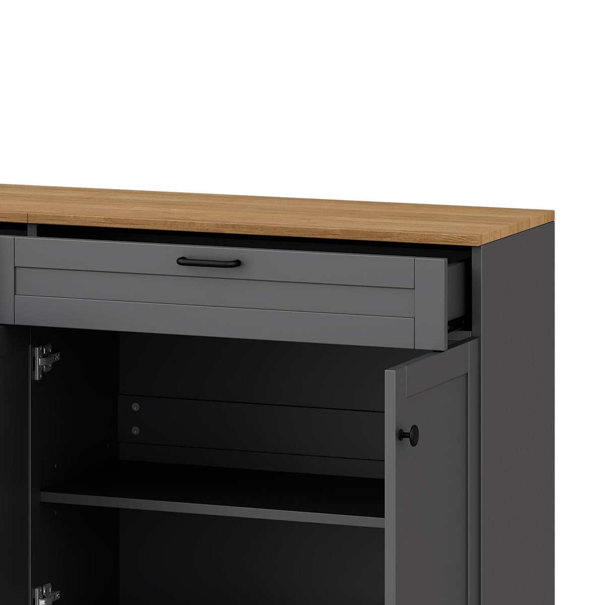 Grey veneer entertainment console with adjustable shelves from Anthony & Home, showcasing sleek design and storage space.