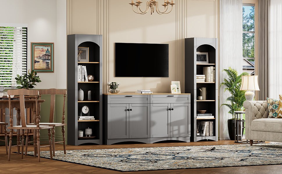 Grey veneer entertainment console with adjustable shelves by Anthony & Home, showcasing modern design and storage space.