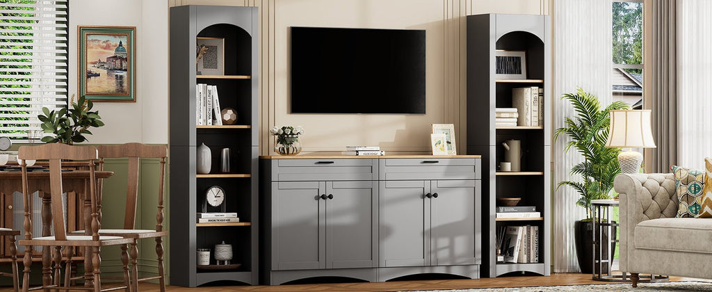 Grey veneer entertainment console with adjustable shelves from Anthony & Home, showcasing a sleek modern design and storage space.