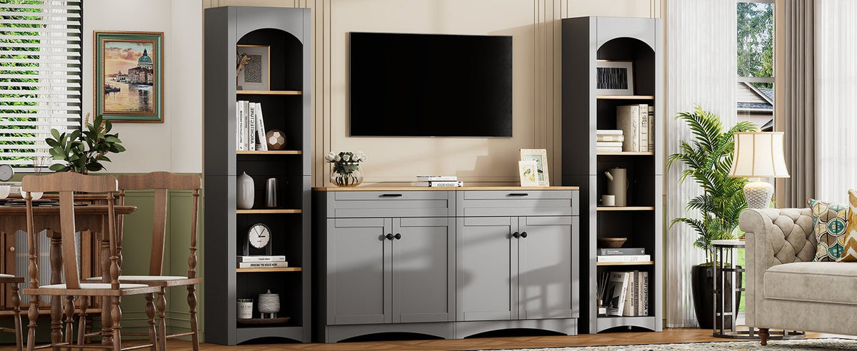 Grey veneer entertainment console with adjustable shelves from Anthony & Home, showcasing a sleek modern design and storage space.