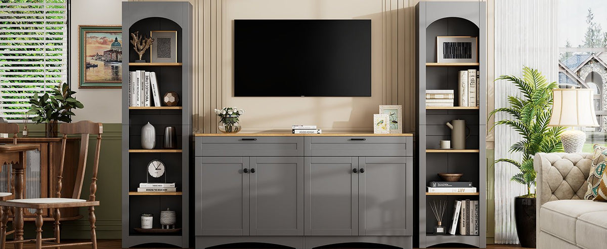 Grey veneer entertainment console with adjustable shelves, modern Anthony & Home TV stand for living room storage.