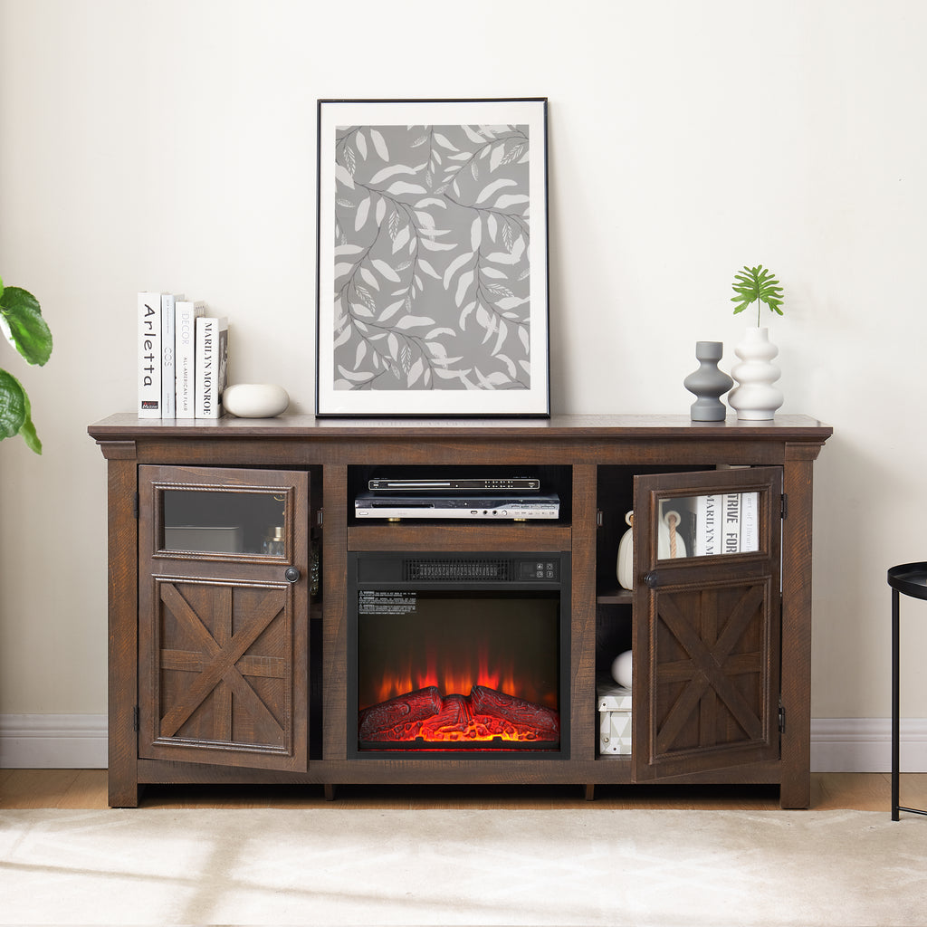 Anthony & Home Espresso Barnwood Two Door Media Console with rustic wood finish and storage compartments.