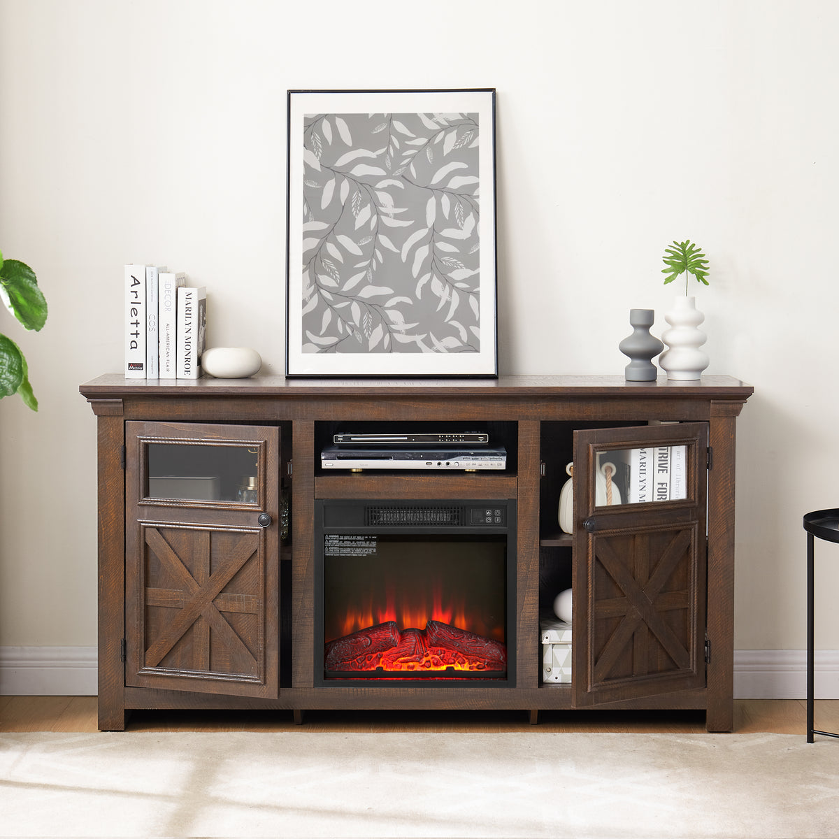 Anthony & Home Espresso Barnwood Two Door Media Console with rustic wood finish and storage compartments.