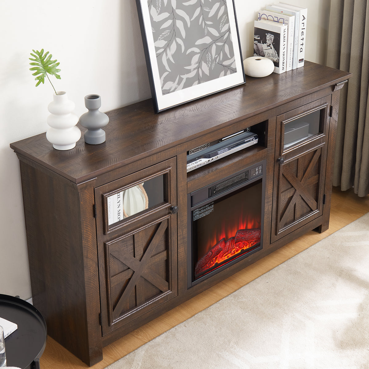 Anthony & Home Espresso Barnwood Two Door Media Console with rustic finish and storage compartments.