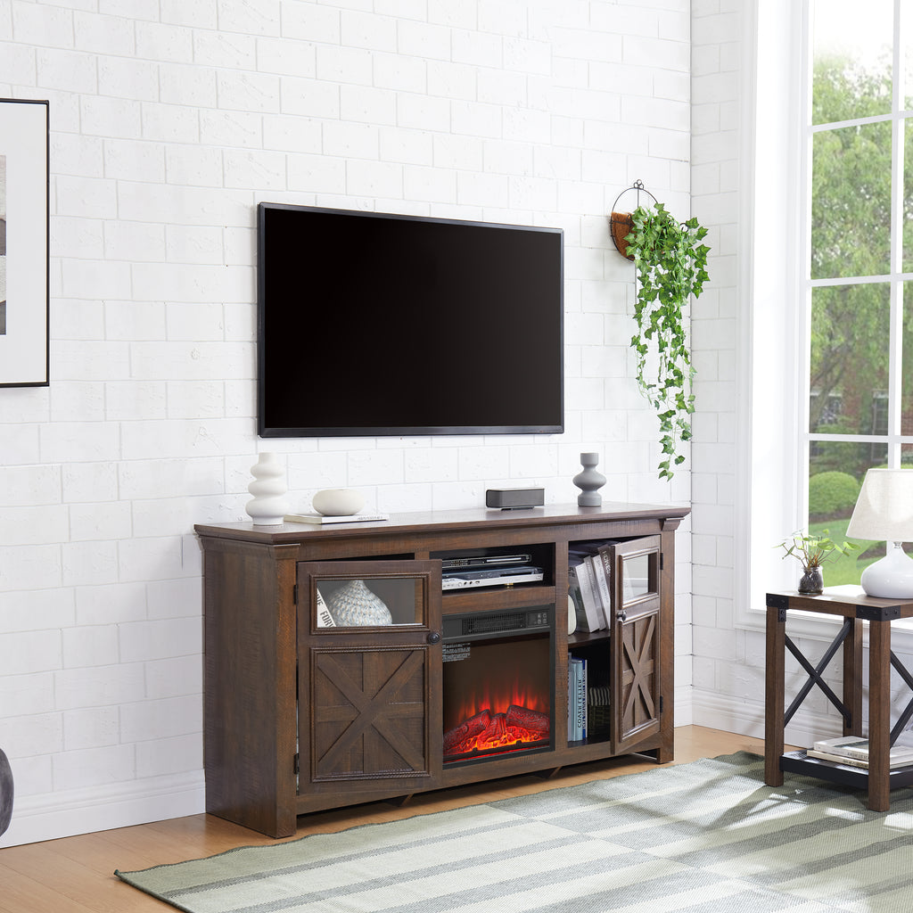 Espresso barnwood two-door media console by Anthony & Home with a rustic design and storage compartments.