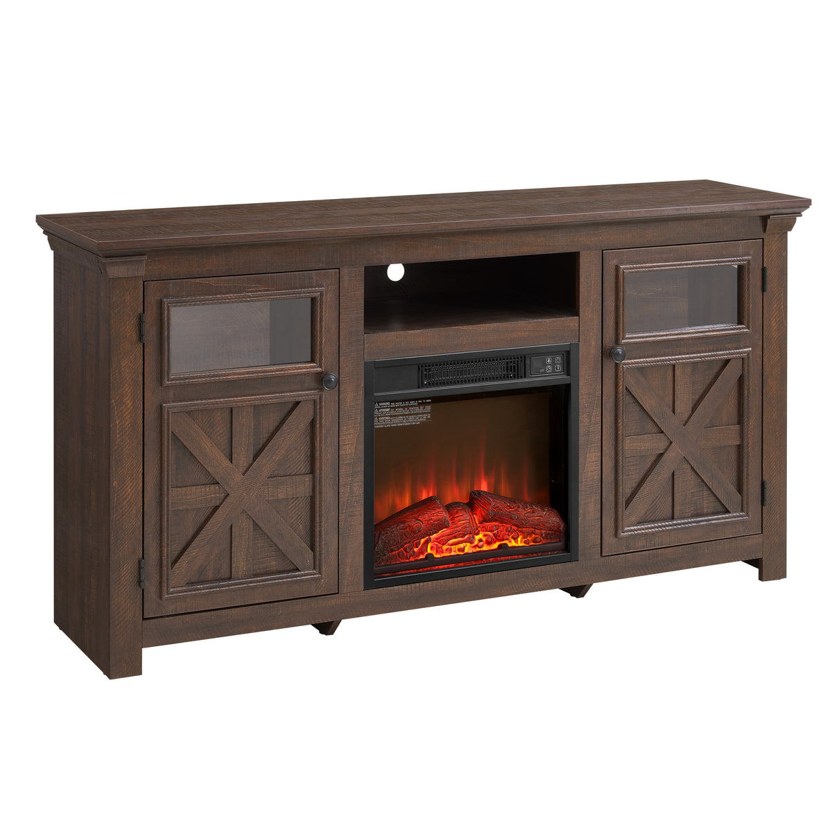 Anthony & Home Espresso Barnwood Two Door Media Console with storage drawers and rustic farmhouse style.