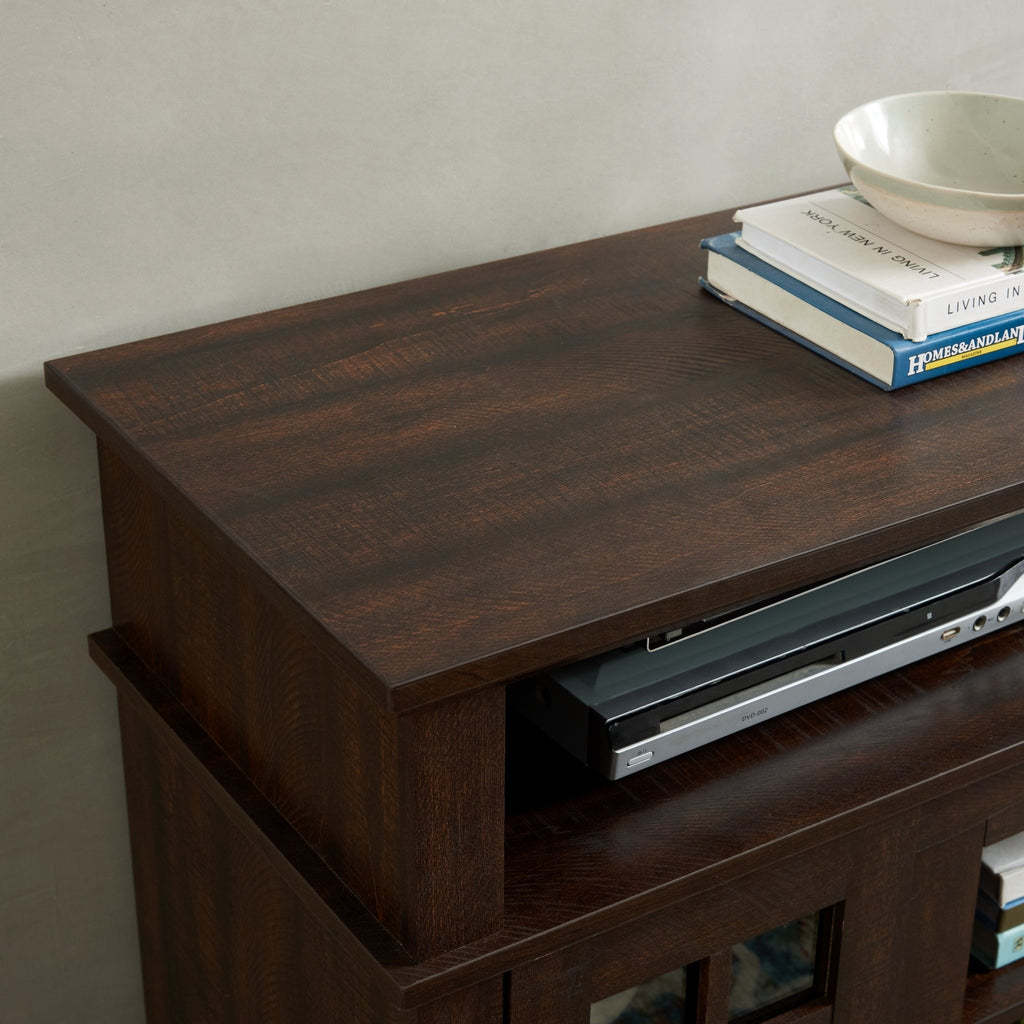 Espresso finish Anthony & Home TV media console from the Signature Collection with storage cabinets and open shelving.