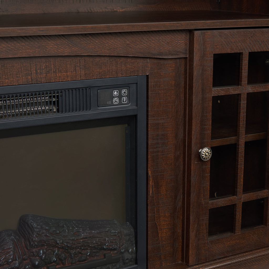 Espresso finish TV media console from Anthony & Home's Signature Collection with open shelving and storage compartments.