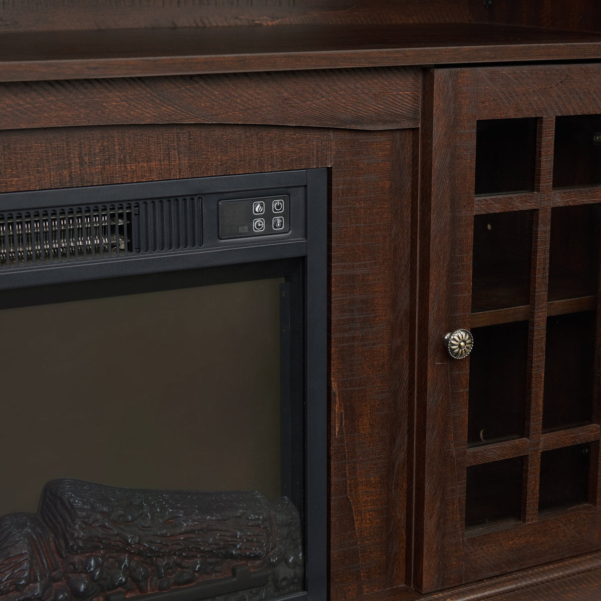 Espresso finish TV media console from Anthony & Home's Signature Collection with open shelving and storage compartments.