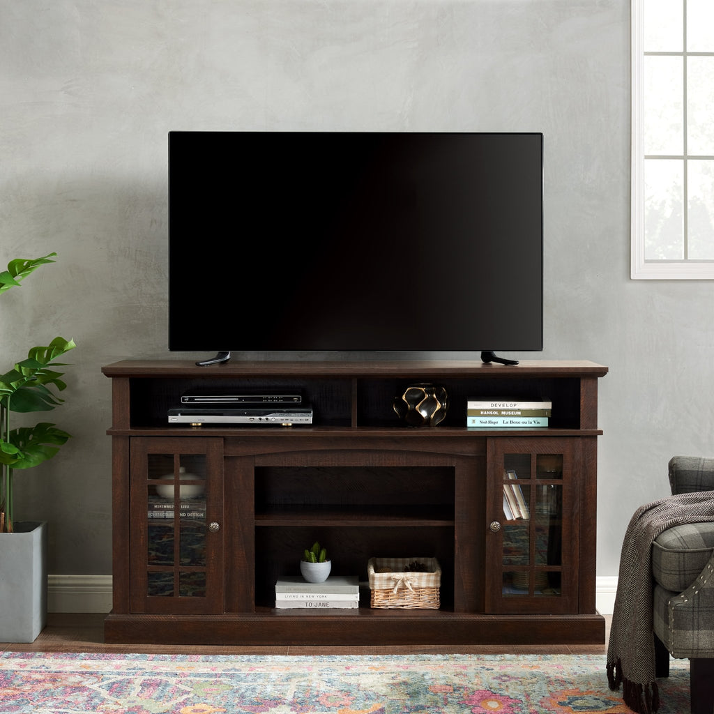 Espresso finish TV media console from Anthony & Home's Signature Collection with open shelves and storage cabinets.