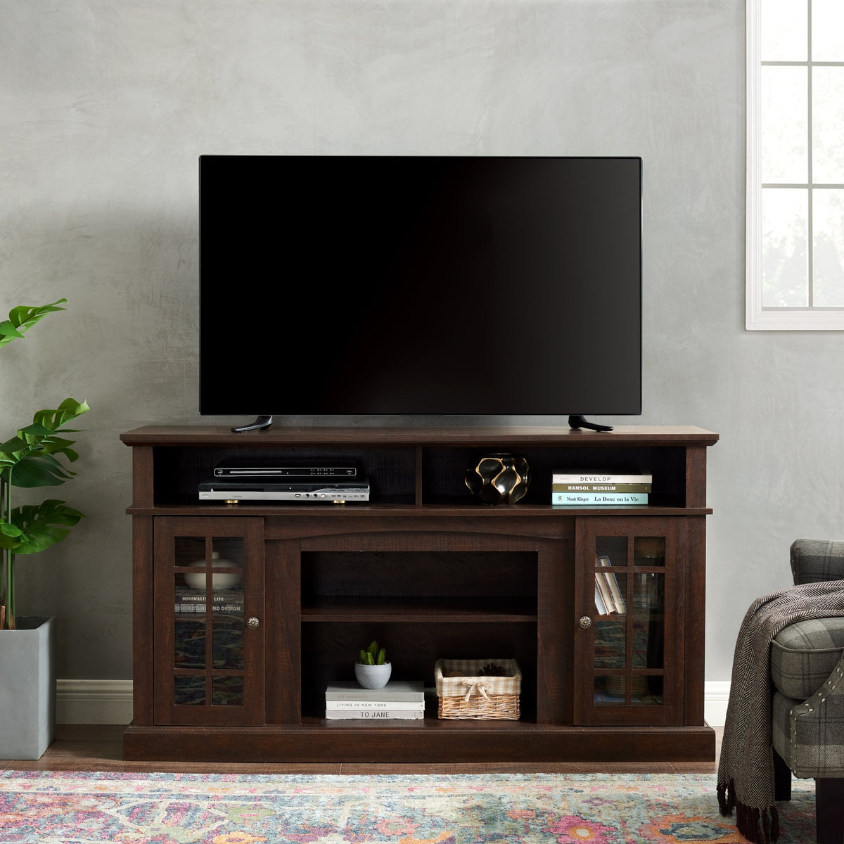 Espresso finish TV media console from Anthony & Home's Signature Collection with open shelves and storage cabinets.